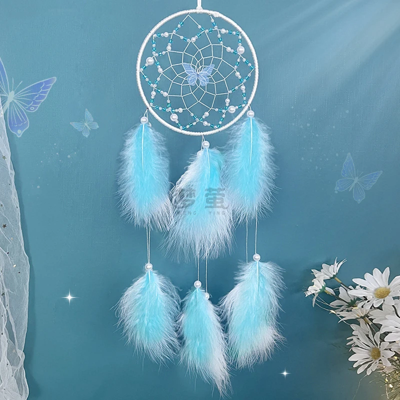 Butterfly Dream Catcher Pink Feather Pendant Creative Hand-woven Bedroom Curtain Hanging Ornaments Birthday Gift Home Decoration