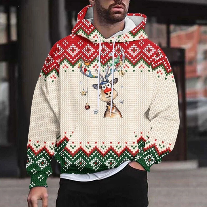 Christmas Deer Snow Pattern Hoodie For Men Women Stripes 3D Printed Pullovers Casual Hoodies Tops Loose Long Sleeves Sweatshirt