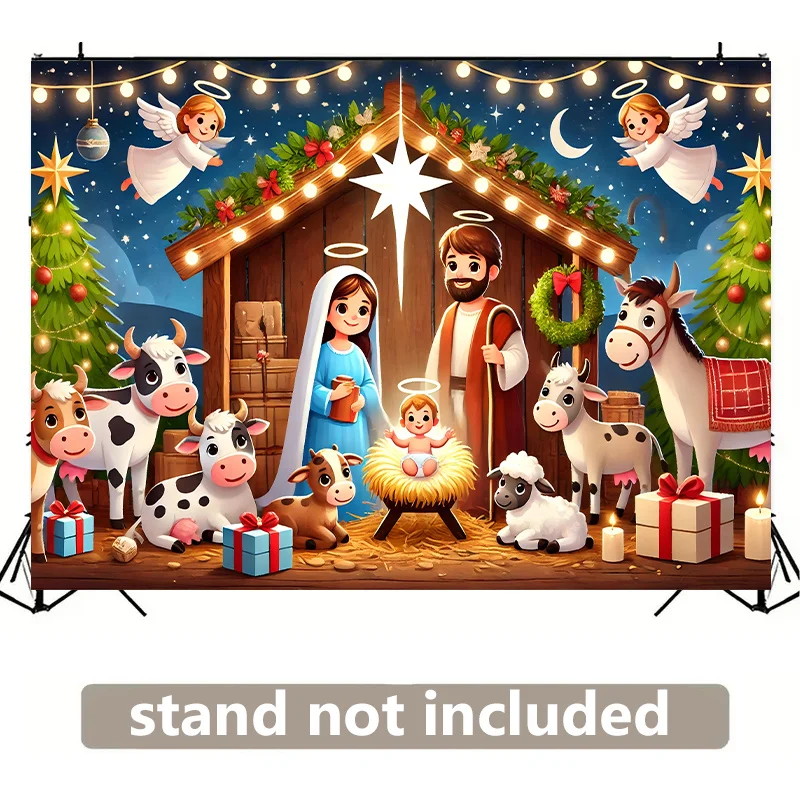 1 Stück Polyester-Weihnachtsszenen-Hintergrund und Krippenszenen, Sternenhimmel und Feiertagsdekorationen – Partybanner