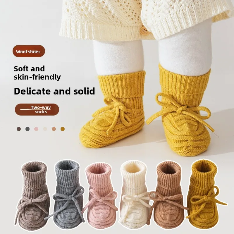 

Hot Sale Autumn and Winter New Infant Solid Color Cute Bow Knitted Toddler Wool Knitted Floor Socks
