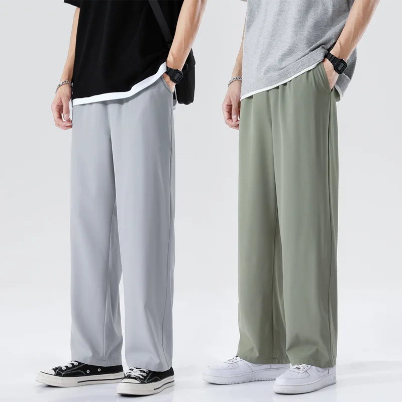 Summer Thin Ice Silk Quick Drying Pants for Men Sports and Leisure Men\'s Pants Korean Fashion Solid Color Wide Leg Pants