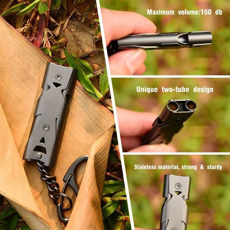 Outdoor EDC Survival Fluitje Hoge Decibel Dubbele Pijpfluit Roestvrij Staallegering Sleutelhanger Cheerleading Emergency Multi Tool