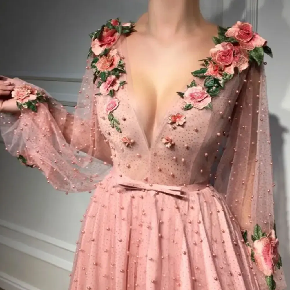 Vestidos de Fiesta de hadas de fantasía rosa, apliques de flores 3D, lazo de perlas, Vestidos de Noche de línea a, cuello en V profundo, vestido de dama de honor para fiesta de boda