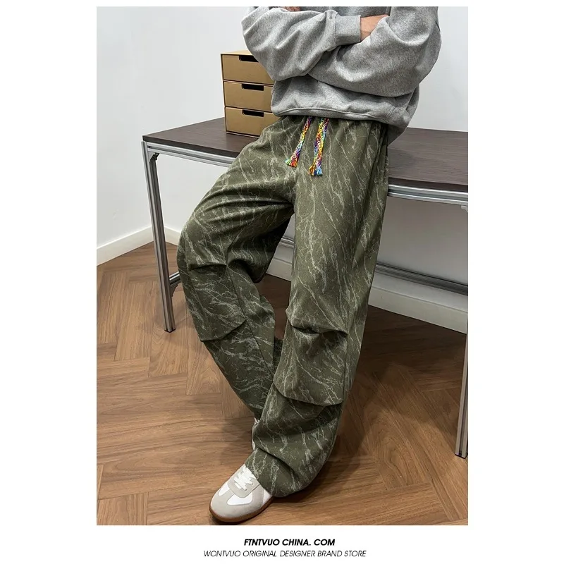 Men's Contrasting Color Elastic High-waisted American Tie-dye Embroidered Drawstring Casual Loose Wide-leg Sweatpants Trousers