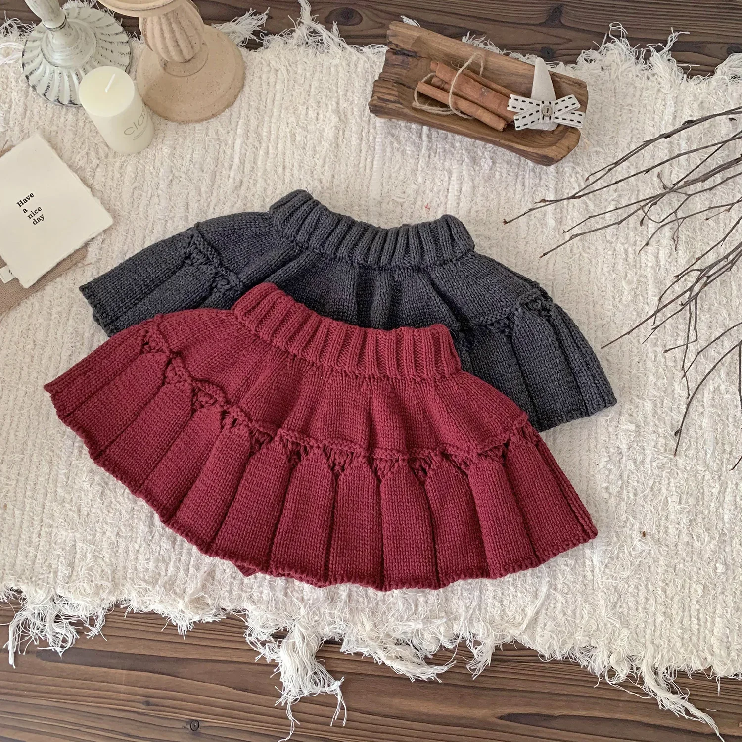 2024 New Autumn Winter Toddlers Girls Knitted Skirts Pleated Christmas Style Children Clothes Baby Kids Thicken Skirt