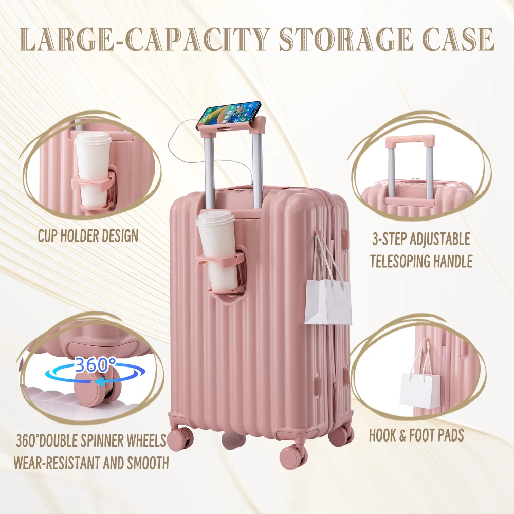 

3PCS ABS Carry On Luggage Set 20/24/28 Inch Pink Spinner Suitcase USB Port Cup Holder Phone Holder
