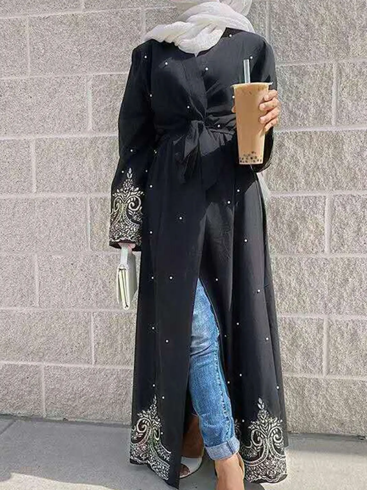 Fashion longer Diamond beading muslim robes syari abaya female full length cardigan lace embroidery islamic muslim abaya wq1844