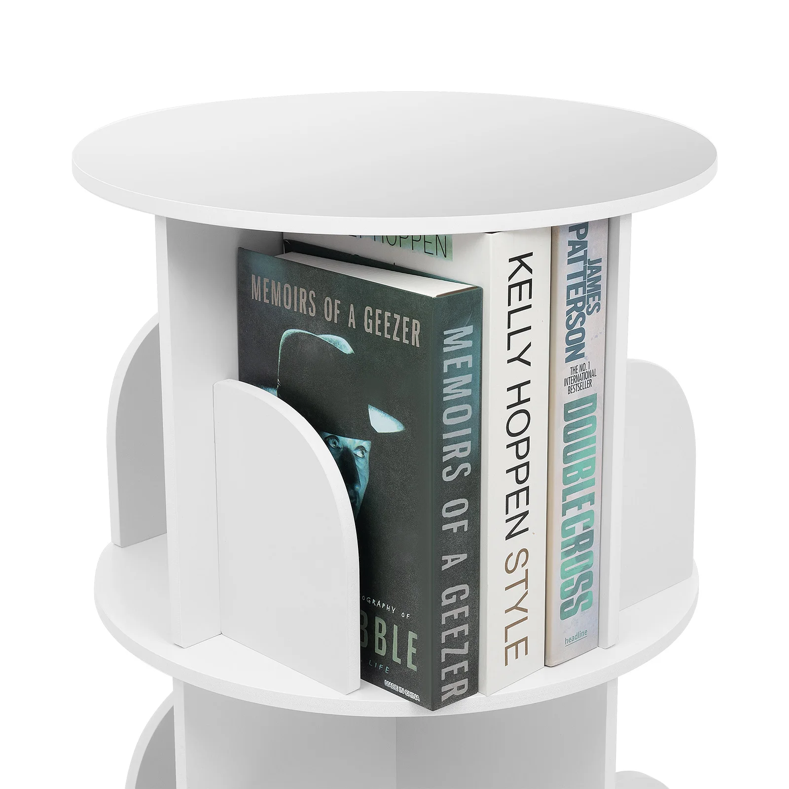 رف كتب دوار باللون الأبيض بطبقتين، 360 درجة °   رف كتب دوار قائم على الأرض، رف عرض للتخزين الزاوية - سعة تحميل 60 كجم