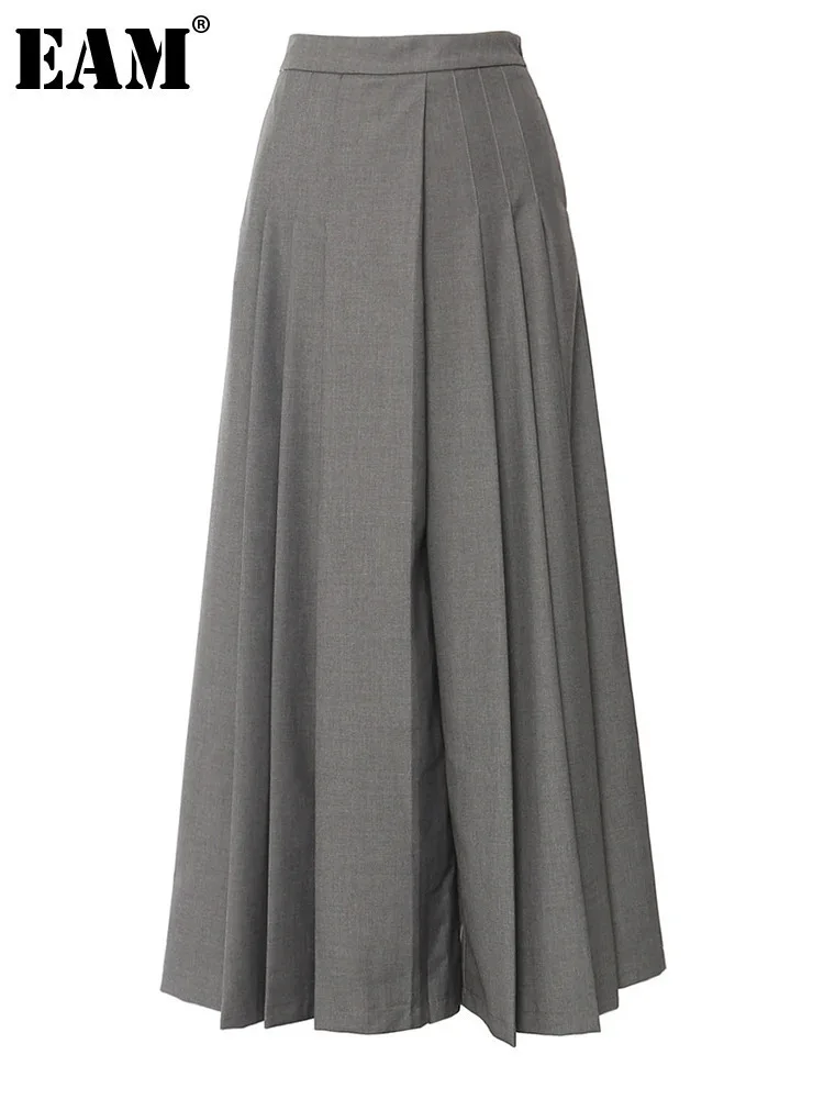 [EAM] High Waist Gray Black Pleated Elegant Long Wide Leg Pants New Trousers Women Fashion Tide Spring Autumn 2024 1DH5933