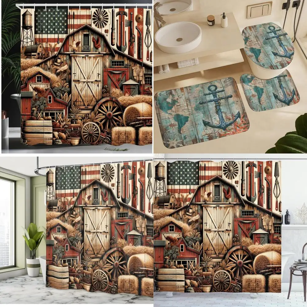 

ambesonne rustic shower curtain, grunge us patriotic style american barn western farmhouse cottage, cloth fabric bathroom decor