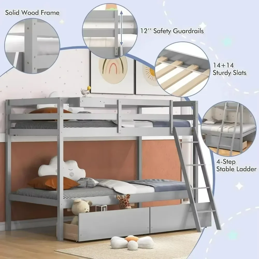 Bunk Bed Twin Over Twin with 2 Storage Drawers, Ladder, No Box Spring Needed, Twin Bunk Beds Children's Bed Bases & Frames