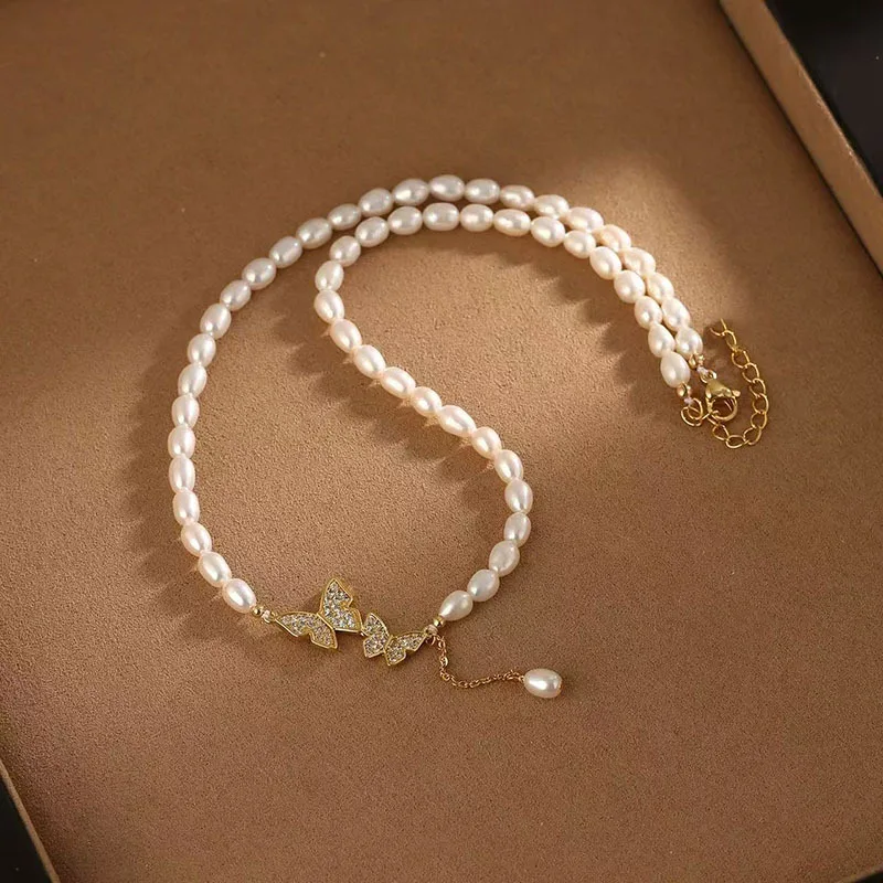 

Minar Sweet Natural Freshwater Pearl CZ Zircon Double Butterfly Pendant Necklaces for Women 14K Real Gold Plated Copper Chokers