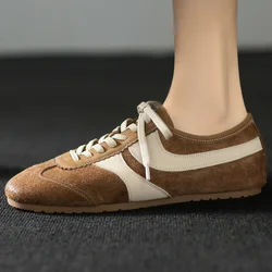 2025 Spring new women's genuine leather mix color patchwork lace-up flats sneakers leisure soft comfortable female walk shoes