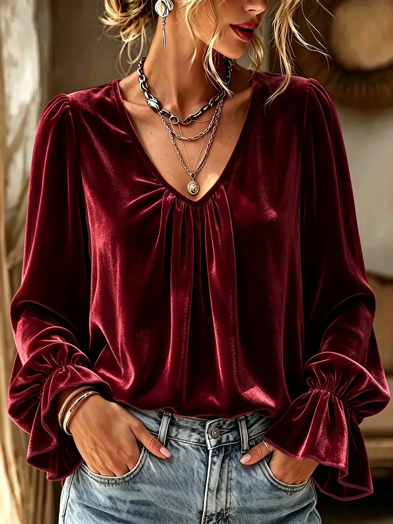 Plus-Size-Samtbluse für Damen, V-Ausschnitt, lange Ärmel, plissierte Laternenärmel, elegante burgunderrote Oberteile, lässiges, lockeres Hemd – Detail 4