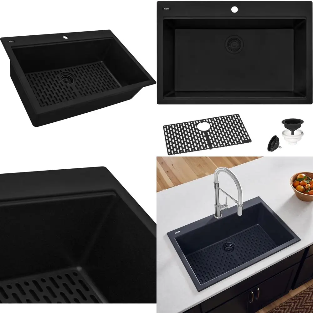 

Ruvati 33 x 22 Top Mount Granite Composite Single Bowl Kitchen Sink in Midnight Black - Scratch and Heat Resistant Luxury Design