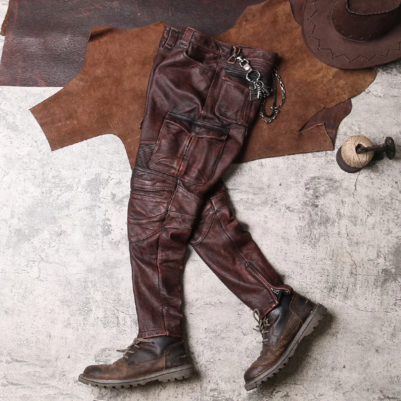 2024 Vintage Brown Men Biker's Leather Trousers Large Size XXXXL Genuine Natural Cowhide Autumn Slim Fit Motorcycle Pants