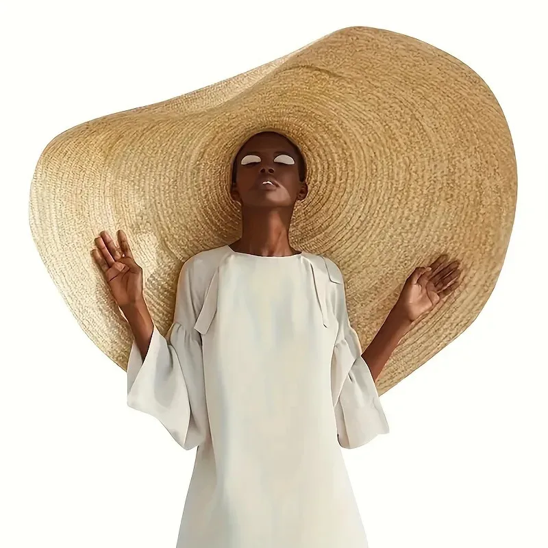 1pc Woven Hollow Oversized Wide Brim Sunshade Beach Hat Seaside Sun Protection Straw Hats With Large Brim For Women