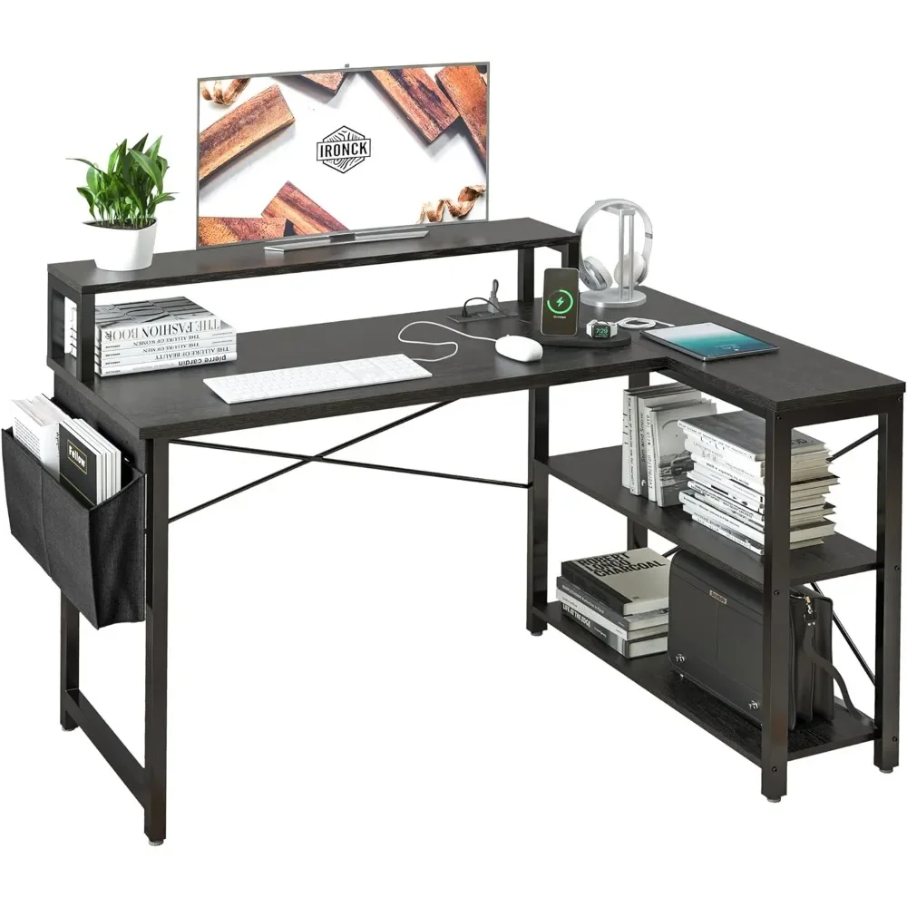 

Laptop Stand Writing Study Table for Home Office L Shaped Desk With Storage Shelves Black Freight Free Gamer Chair Furniture