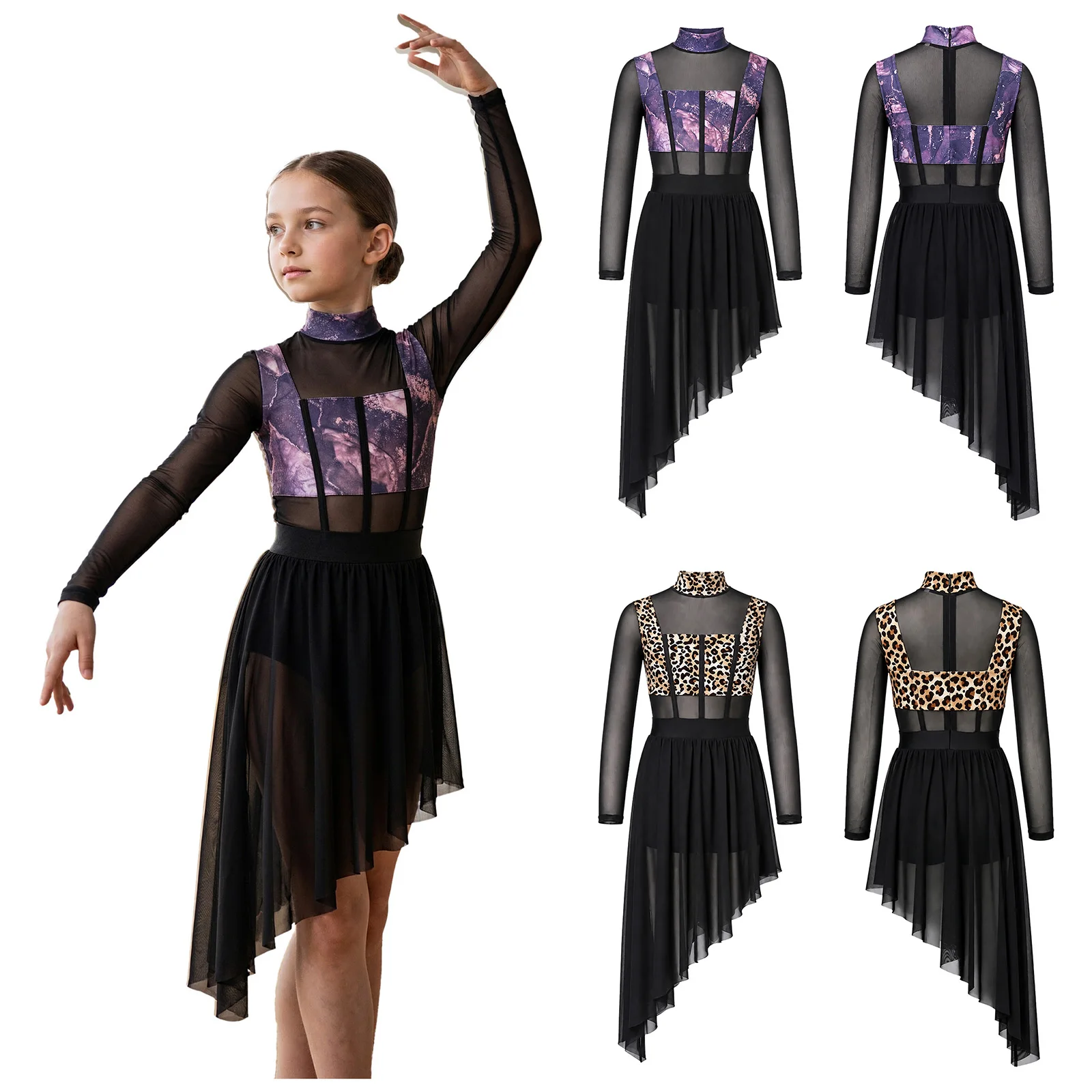 Children Girls Long Sleeve Modern Lyrical Dance Leotard Dress Sheer Mesh Bodice Dancewear for Skating Gymnastics Acrobatics