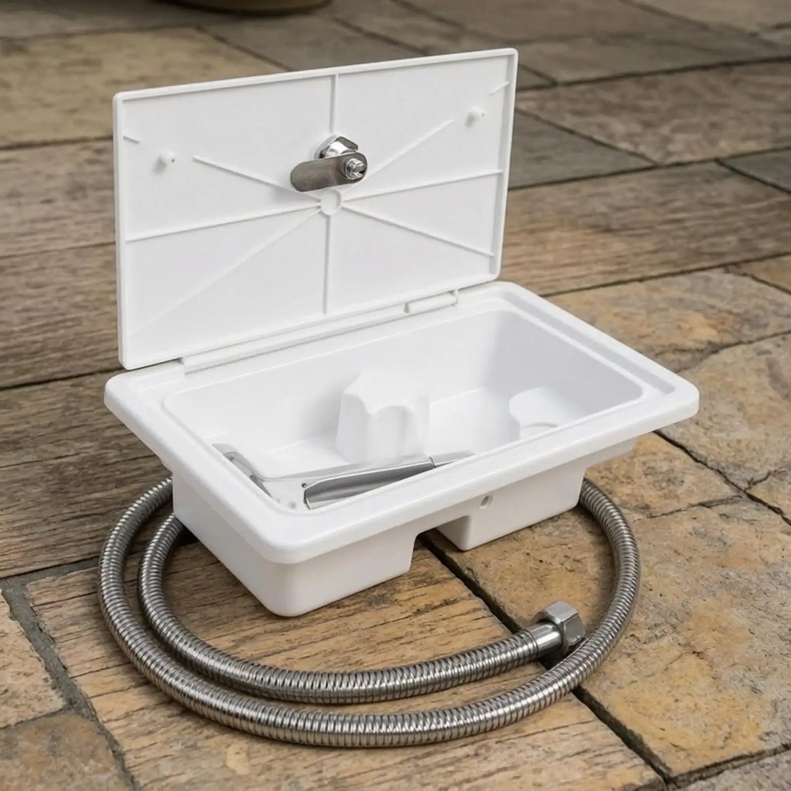 Caja de ducha para autocaravana, unidad de ducha portátil para acampar con tapa abatible, grifo de plástico para exteriores, mezclador de agua fría y caliente para remolque.