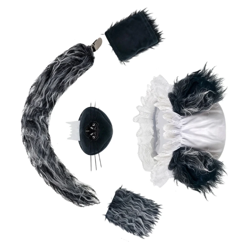 Q39C Halloween Party Accessory Set for Costume Styling with Bonnet Headpiece, Nose and Tail Furry Prop Bundle Use