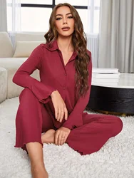 Ribbon Knitted Solid Women Pajama Set Long Sleeves Lettuce Trim Top & Full Length Pants 2 Pieces Sleepwear Nightwear Homewear