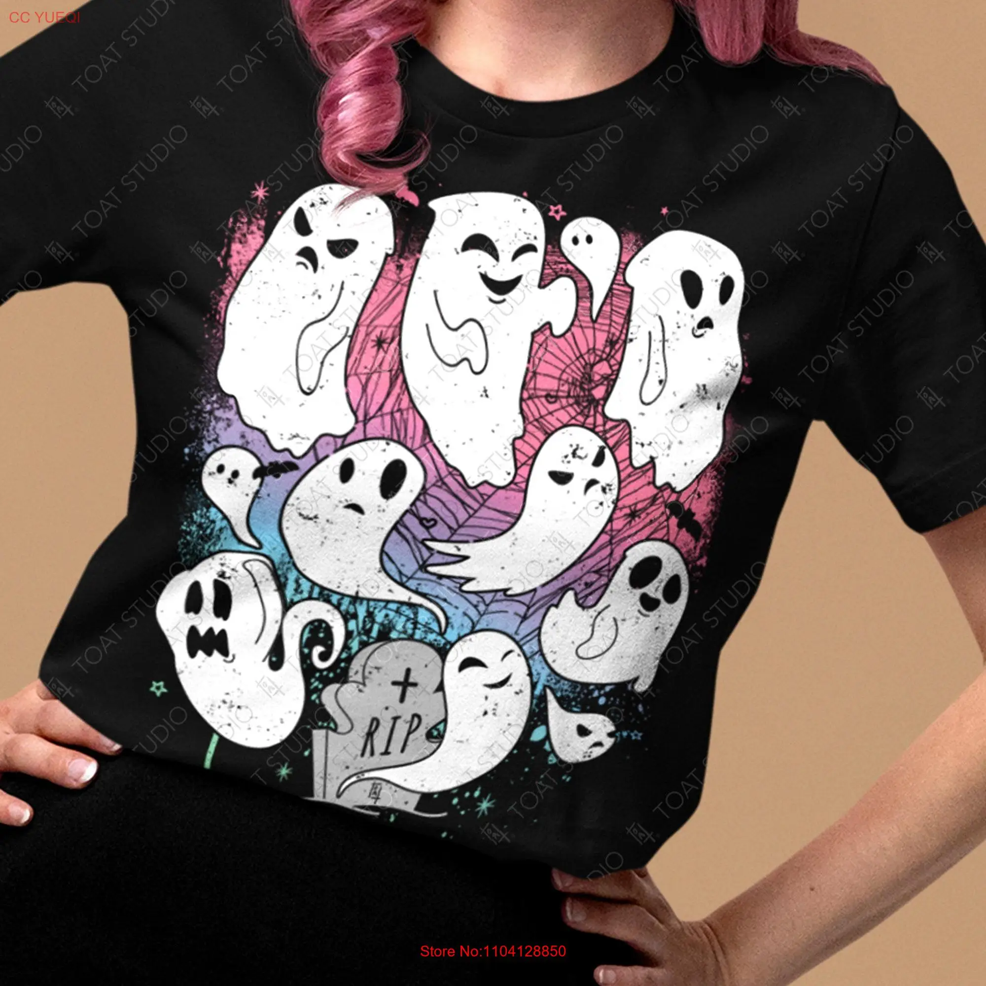 Camiseta de fantasmas de Halloween en colores Pastel, fantasma escalofriante, Crew, Creepy, espíritu lindo, santuario encantada, rasgado, Graveyard, lápida