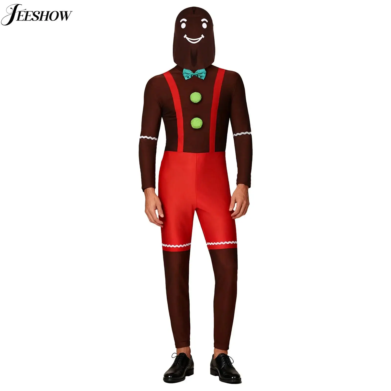 Disfraz de hombre de jengibre de Navidad para hombre, mono con capucha de manga larga de Color contrastante, vestido elegante de juego de rol de galletas de Papá Noel de Navidad