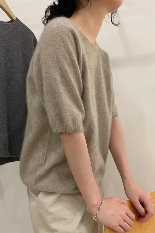 2023 Spring autumn round neck cashmere short sleeve women\'s half sleeve with wool knitted five-point cuff pullover sweater