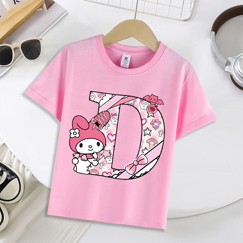 내 멜로디 핑크 편지 A-Z 티셔츠 반팔 여름 코튼 소녀 의류 패션 만화 Sportwear 어린이 생일 파티 셔츠