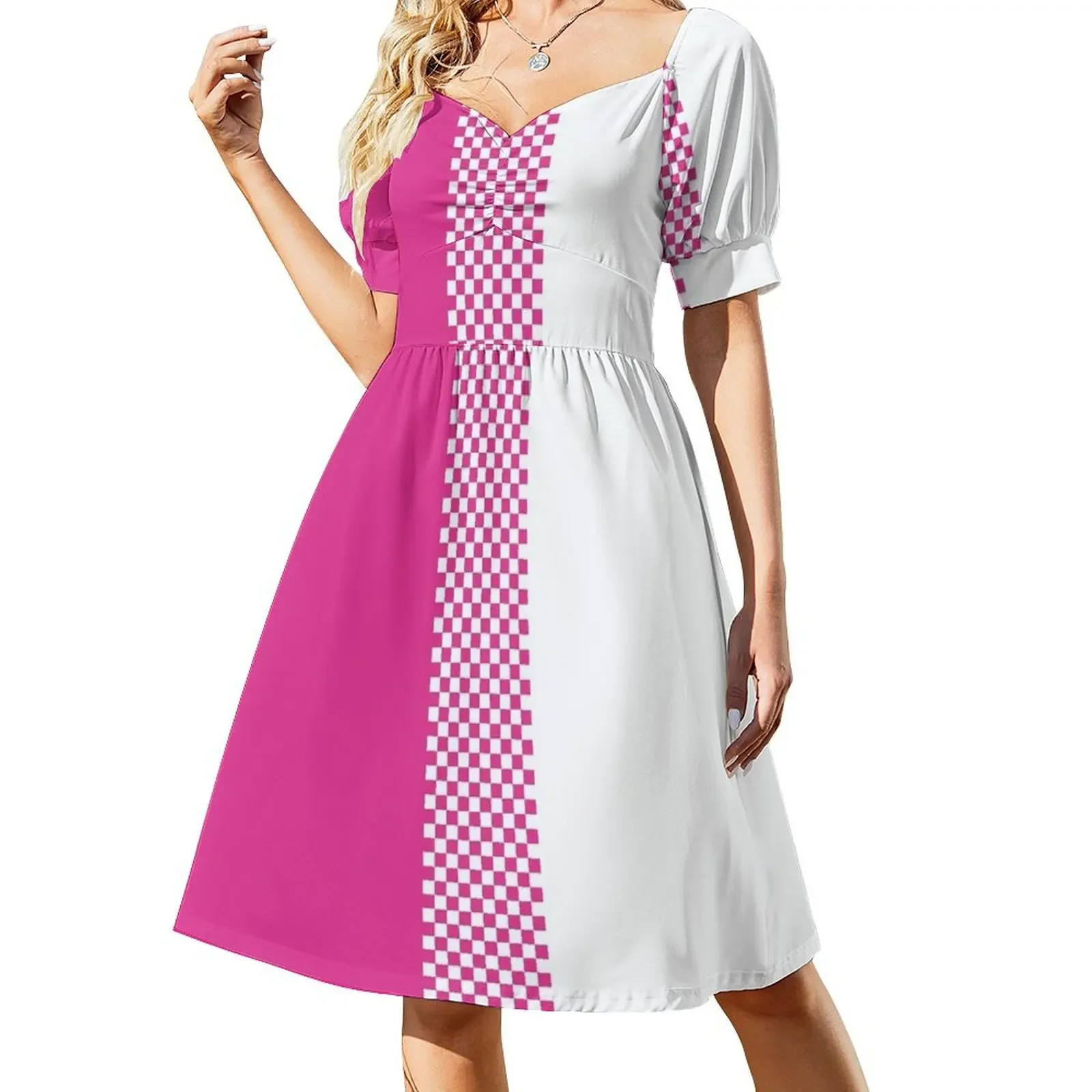 

60's, 70's, 80's, Retro Pink and White Colorblock Checkerboard Stripe Short-Sleeved Dress women party dresses Dress