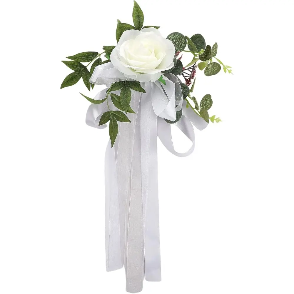 

Elegant Silk Rose Chair Back Decorations with Ribbons for Wedding Aisle, 8 Pieces, White