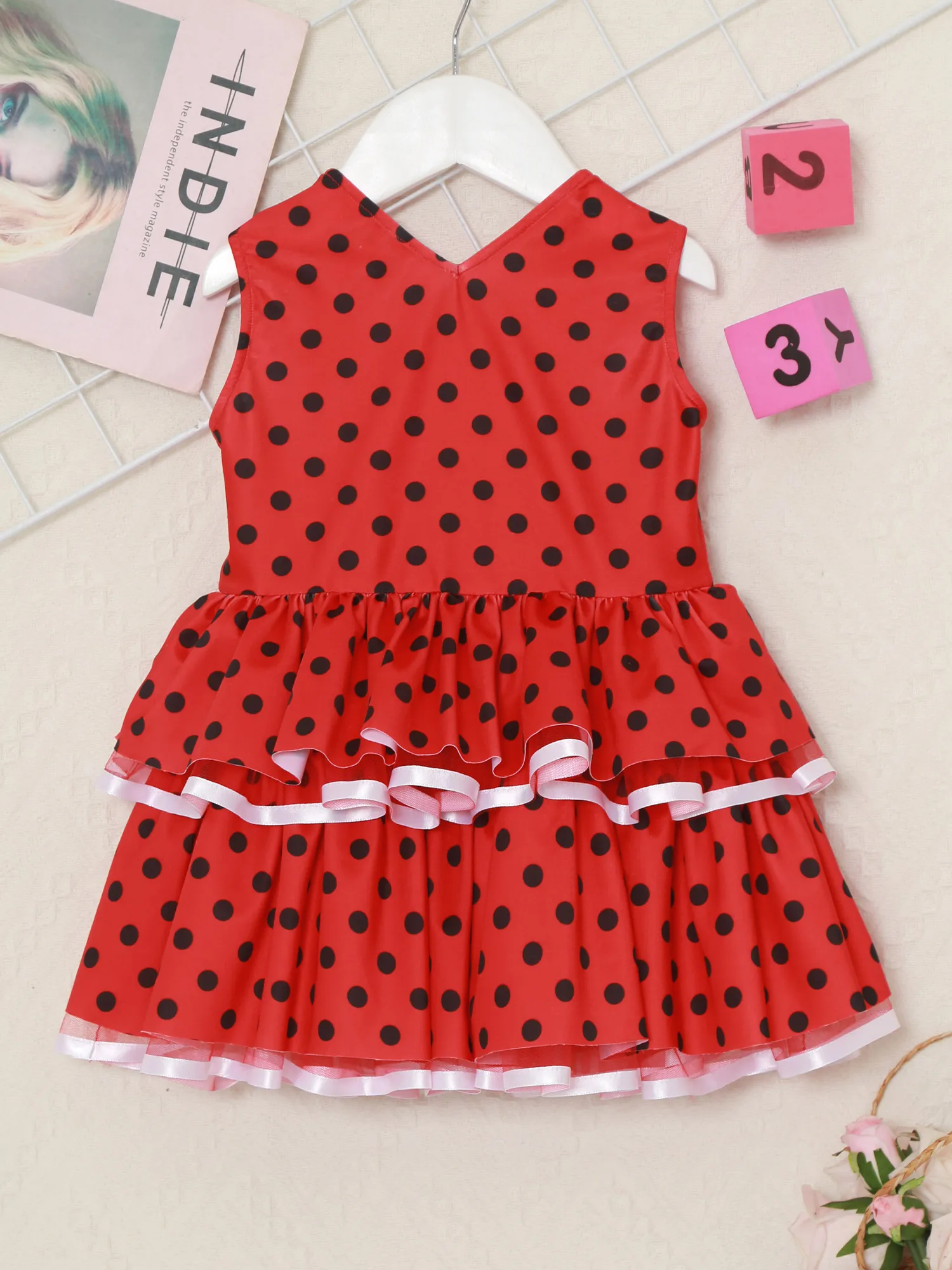 6M-5 Girls Flamenco Costume Spanish Polka Dot Cake Dress Cute V-neck Tassel Mesh Layered Spain Dance Party Performance Gown
