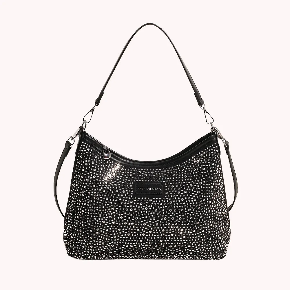 

Women PU Rhinestones Shoulder Bag Large Capacity Trendy Tote Handbag Zipper Closure Fashion Underarm Bag Outdoor Travel Bag