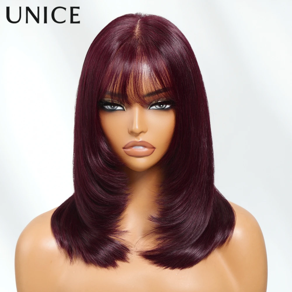 UNice الكرز الأسود الطبقات قطع مستقيم بوب شعر مستعار مع الانفجارات 7x5 الدانتيل قبل قطع قبل ابيض غلويليس شعر مستعار شعر الإنسان 150% الكثافة