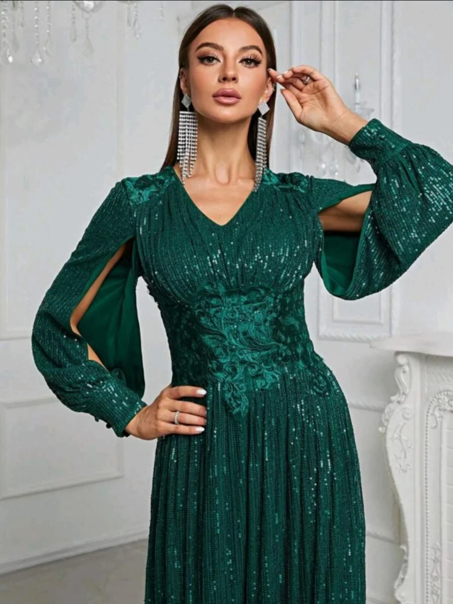 Ele Long Evening Gown Sexy High Waist Wedding Birthday Par Dr Floor Length Skirt iny Sequins ort Sve V Ne