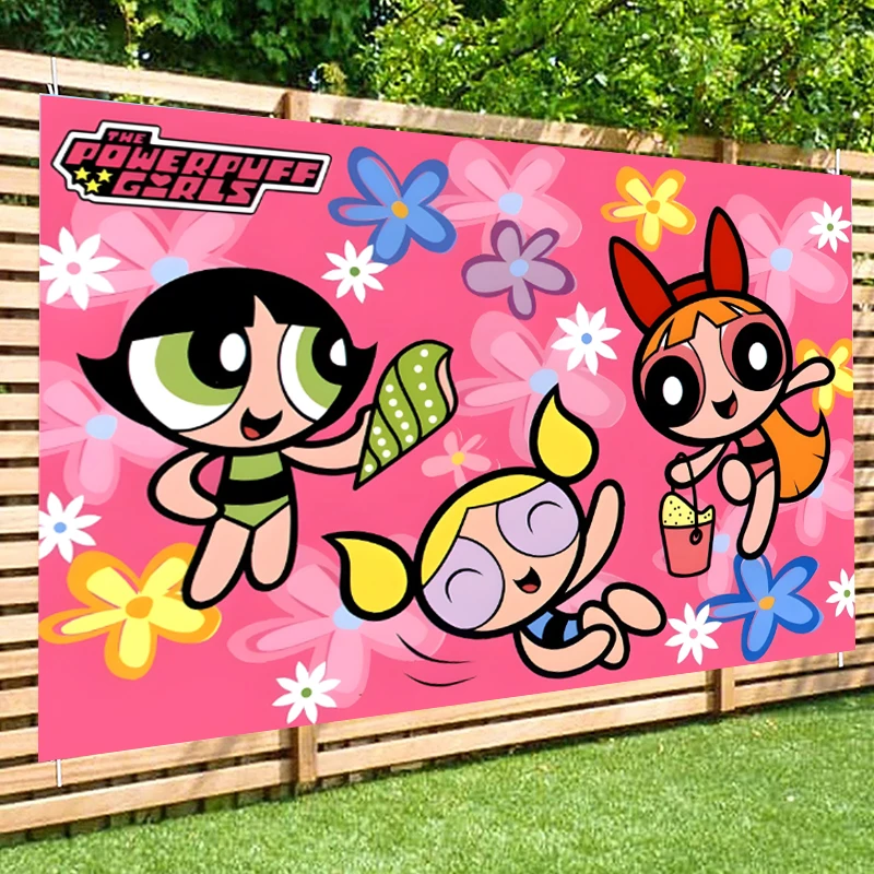 Powerpuff Banner de fondo de niña, Fondo de foto de vinilo para niñas de princesa, decoración de fiesta de cumpleaños, pancarta de mesa de pastel