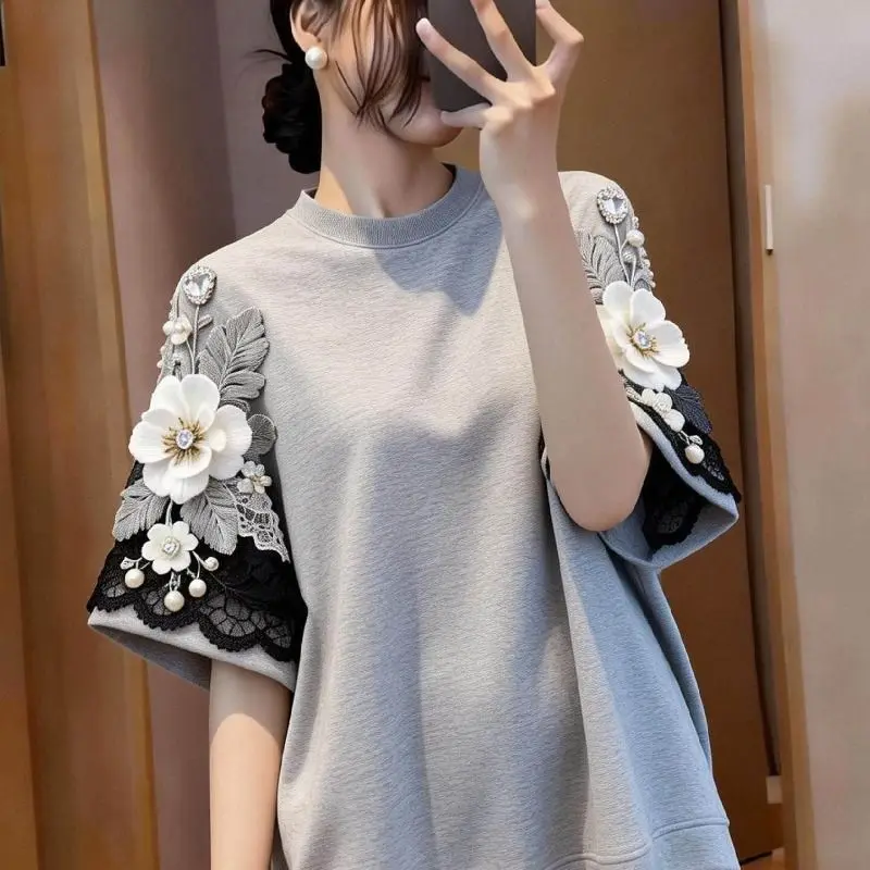 Summer Autumn Fashion Heavy Industry Nail Bead Embroidered T-shirt Women Tshirt Blouse Loose Short Sleeved Unique Top Female