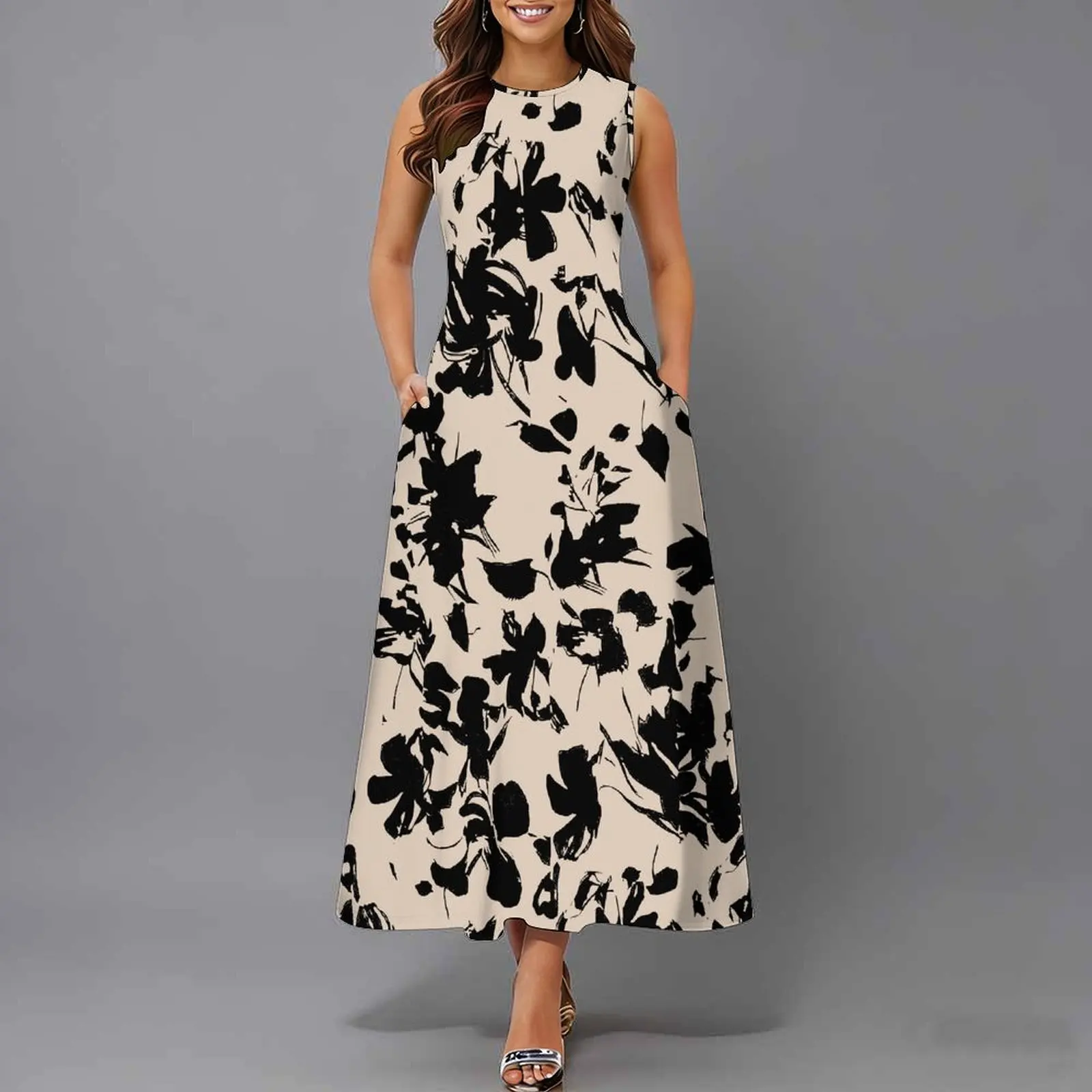 Women Sleeveless Long Maxi Dress With Pockets 3D Oil Painting Print Casual Loose Summer Vacation Party Sundress