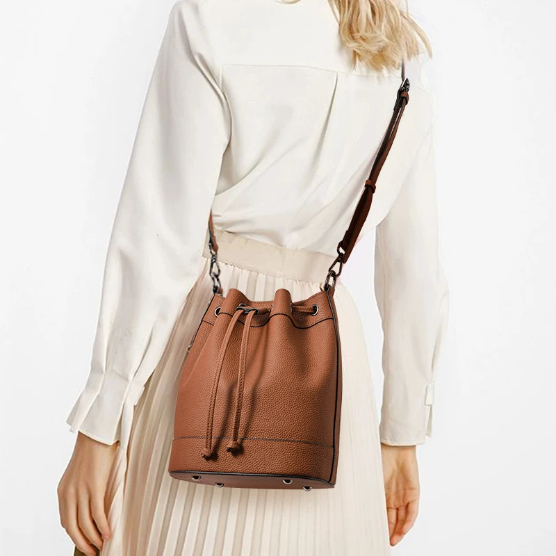Genuine Leather Women's Bag - Drawstring, Textured, New Style, Fashionable, Color Blocking, Bucket Bag, Handbag, Shoulder