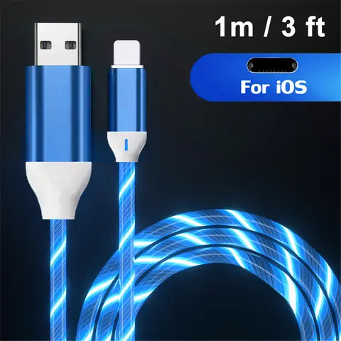 흐름 빛나는 LED 충전 케이블 3A 빠른 충전 USB A iPhone 14 13 12 X USB 와이어 LED 케이블 Airpods iPad 용 빛나는 케이블