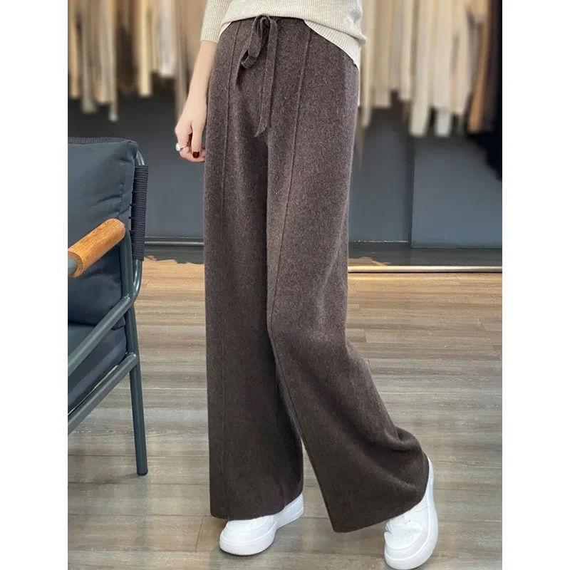 Eleganckie, luźne spodnie z kaszmirowej dzianiny o szerokich nogawkach, idealne na jesień i zimę, damskie modne, pluszowe, proste, codzienne spodnie z wełnianej dzianiny.