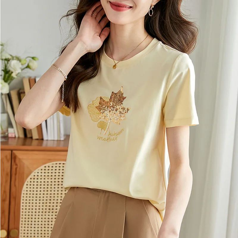 2023 Summer Korean Fashion Sequin Cotton T Shirt Women Casual Short Sleeve Tshirts Female Pink Tops O Neck Tees Ropa De Mujer