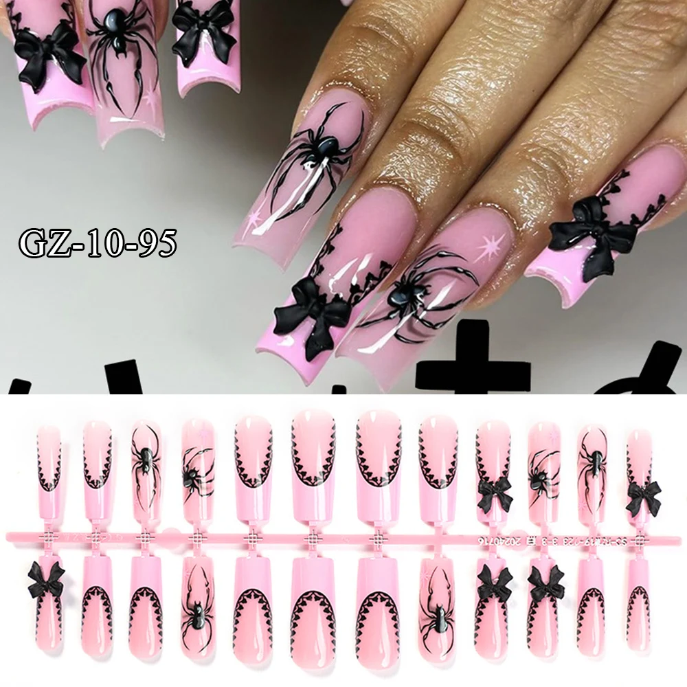 3D Feanch Halloween False Nail Pumpkin Spider Full Cover Long Almond/Square Press On Nail Tips Artificial Nail Extension 24PCS