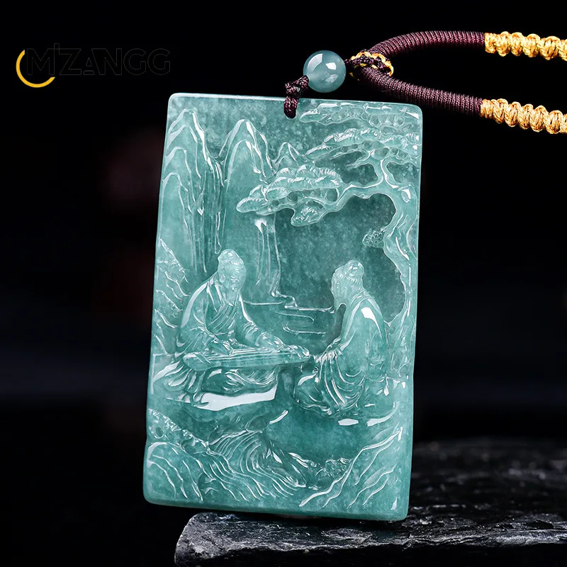 Natural Blue Water Jadeite Mountain Stream Seeking A Kindred Spirit Pendant Hand-Carved Ice-Type Jade Necklace Unisex Gift
