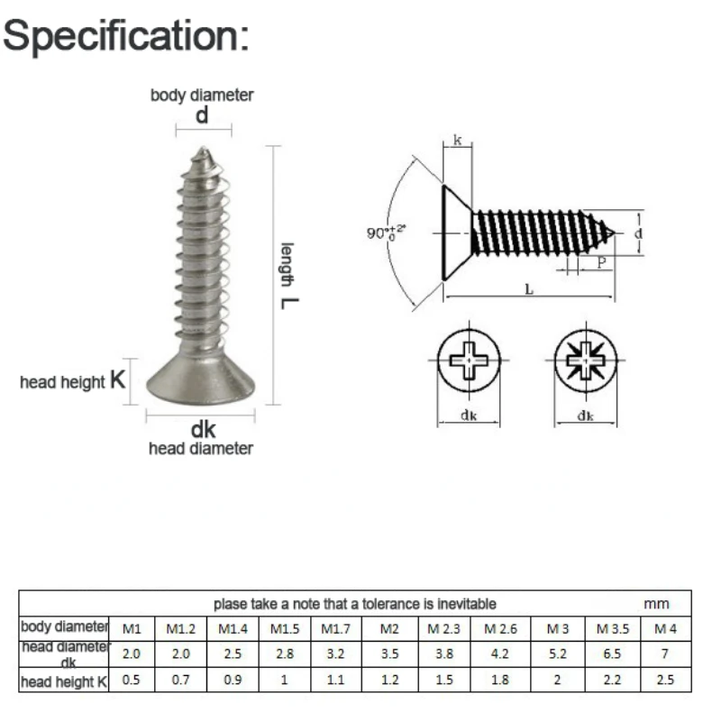 M1 M1.2 M1.4 M1.5 M1.7 M2 M2.3 M2.6 M3 M3.5 M4 100/PCS Nickel-Plated Steel Phillips Recessed Countersunk Head Tapping Screws
