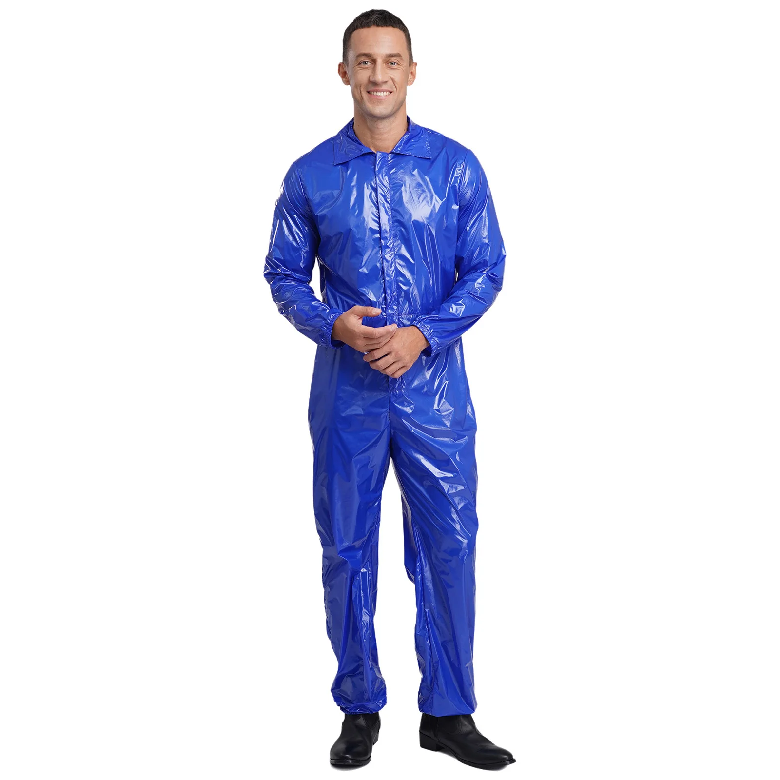 ชุดคลุมกันน้ำสำหรับผู้ชาย ชุดทำงาน ปกพับลง แขนยาว ซิปด้านหน้า เอวยางยืดด้านหลัง ชุดจั๊มสูทแบบชิ้นเดียว