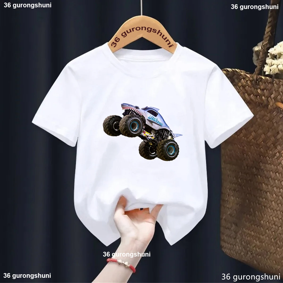 Funny Monster Animal Truck Pattern Print Boys Tshirt Fashion Harajuku Kawaii Kids 2025 Summer Casual Tshirt White/Grey Tees