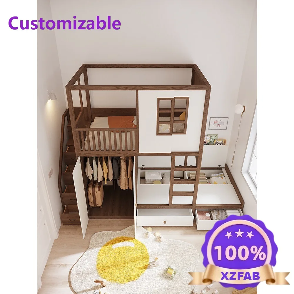 Factory Direct 2026 Staggered Solid Wood Treehouse Bunk Bed, Kids Bed with Wardrobe & Storage, Loft Bed with Under-Bed Cabinet