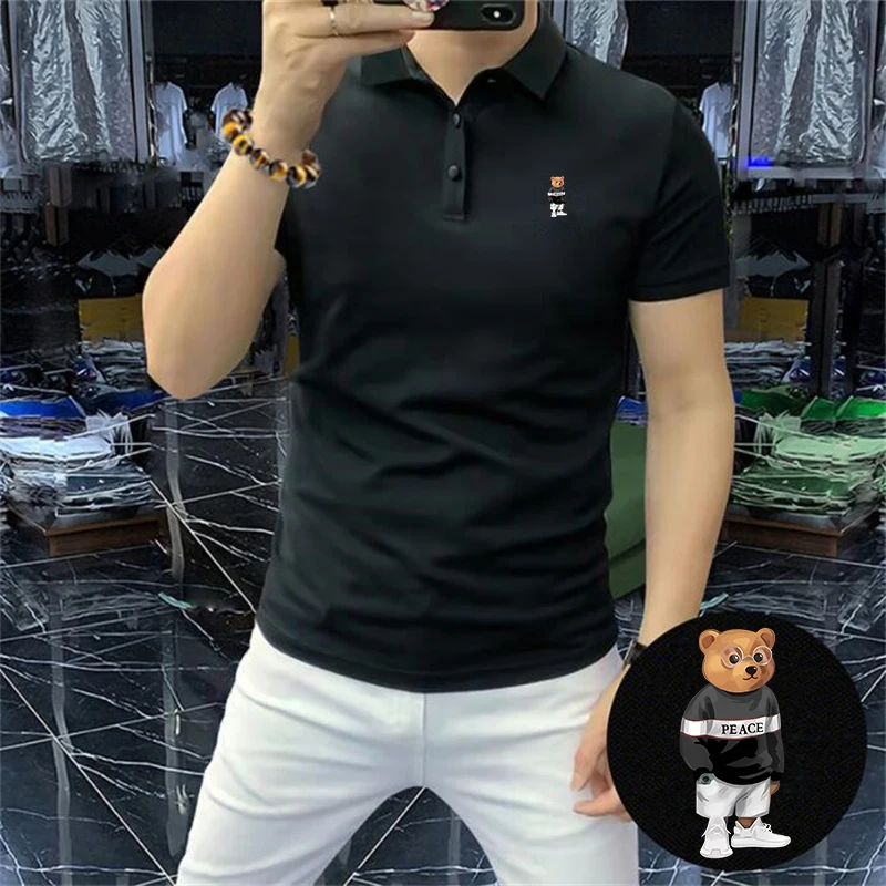 Summer Men\'s POLO Cute Cartoon Bear Pattern Shirts 2024 New Street Fashion Casual Style Short-sleeve polo Male Top Clothes